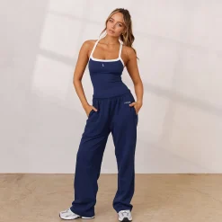 Lounge Underwear Kläder<Varsity Joggingbyxor med Rakt Ben - Marinblå